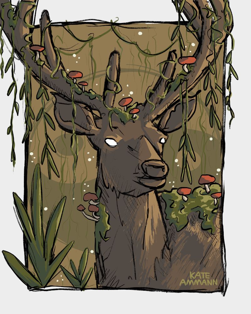 Digital sketch of a brown deer with white eyes, green vines and moss are on its antlers and body. Red mushrooms are growing from the moss patches. The background is dark green with a subtle yin yang symbol. 