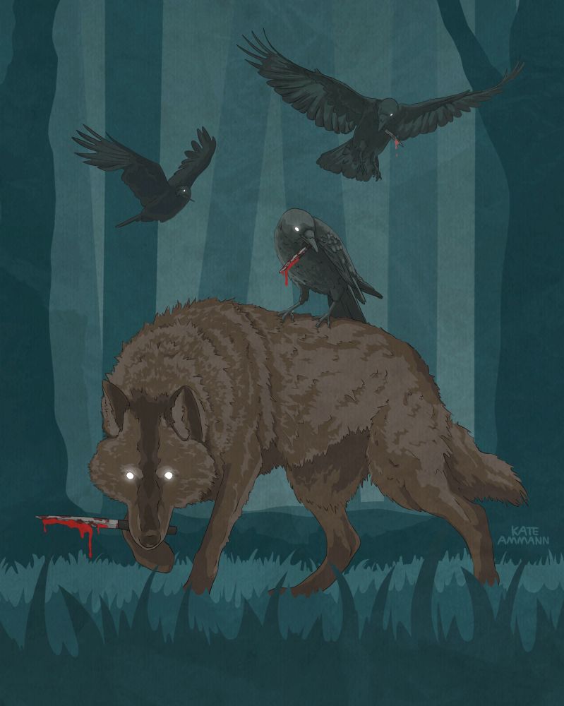 Digital illustration of a brown wolf with glowing white eyes holding a bloody knife. A crow with white eyes is perched on its back, also holding a bloody knife. There are two other crows with knives flying behind them. The atmosphere is dark blue, and tree trunks fill the background.