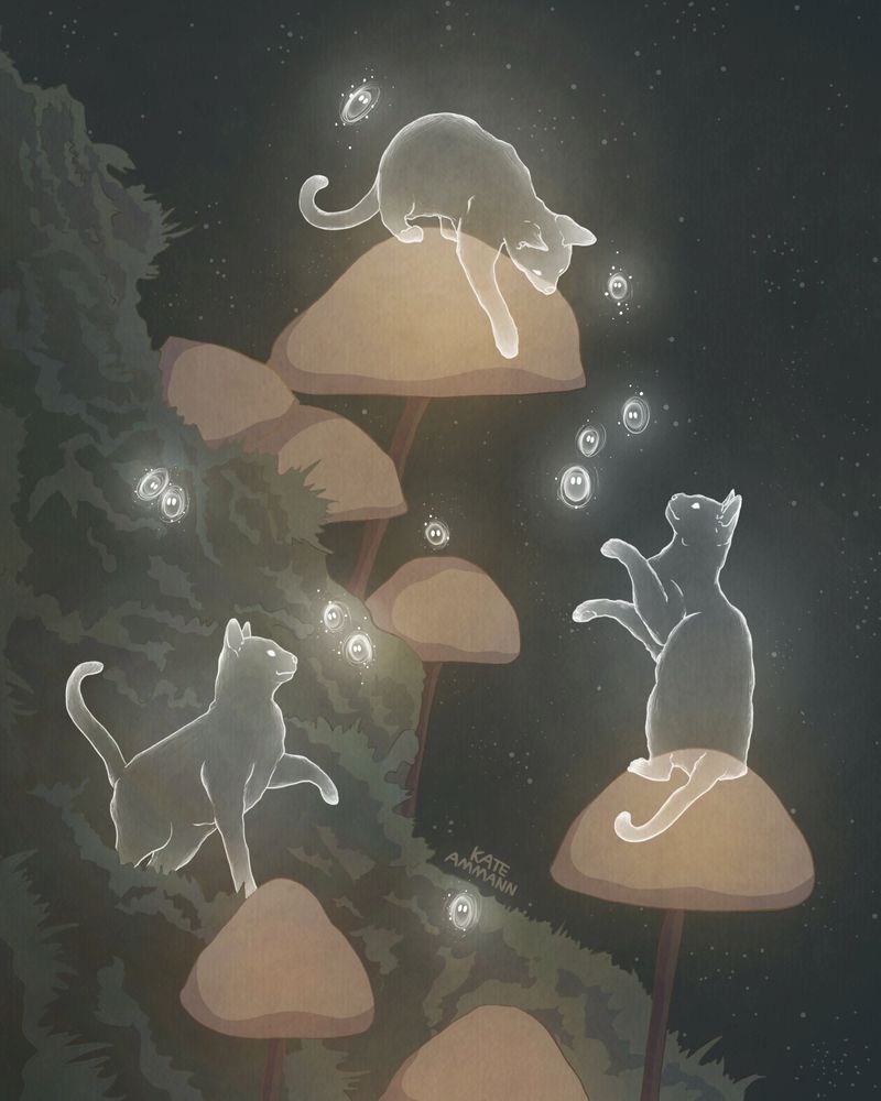 Digital illustration of three ghost cats playing on top of light brown mushrooms. The cats are surrounded by tiny, white, round, ghostly creatures. Both the cats and tiny creatures appear transparent and are glowing white. The scenery is dark and there are subtle stars in the night sky. 