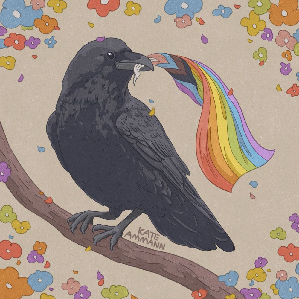 Digital illustration of a crow standing on a branch with a rainbow progress flag in its beak. Surrounding the bird are rainbow colored flowers and pedals. The background is beige.
