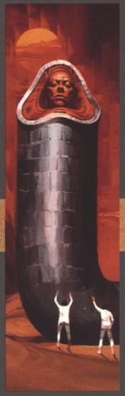 a portion of the cover of God Emperor of Dune, showing a large worm creature with a human face, being pointed to/worshipped by two figures, in front of a cloudy red sky with a red sun. 