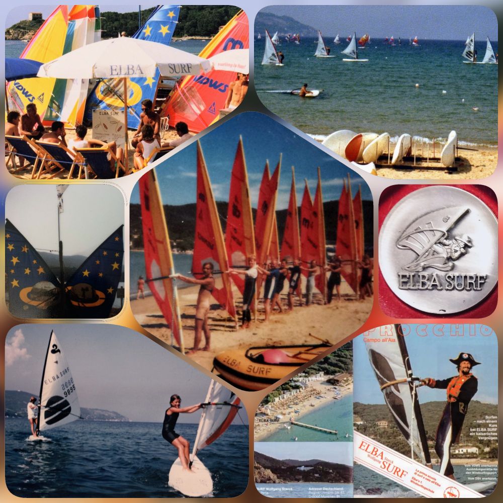 Eine bunte Collage mit Fotos rund um eine Windsurfschule.