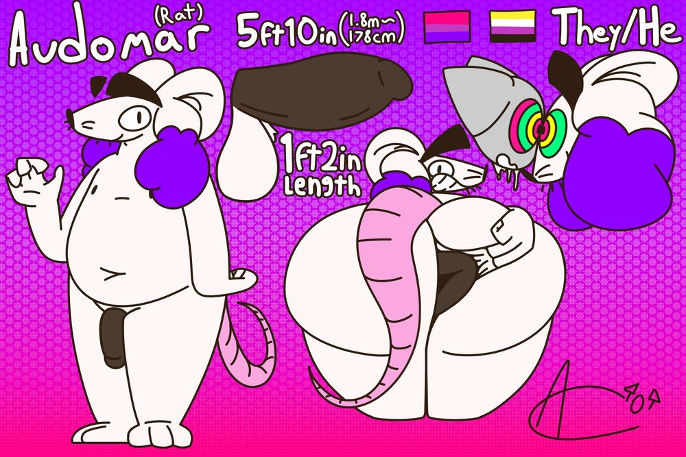 Chubby White Rat with dyed purple hair, naked with a black dick, and presenting their butt & black donut butthole. Also in the corner is seen using hypnotic eyes on a non-descript cat.
text says: "Audomar (Rat) 5ft10in(1.8m~ 178cm) They/He)