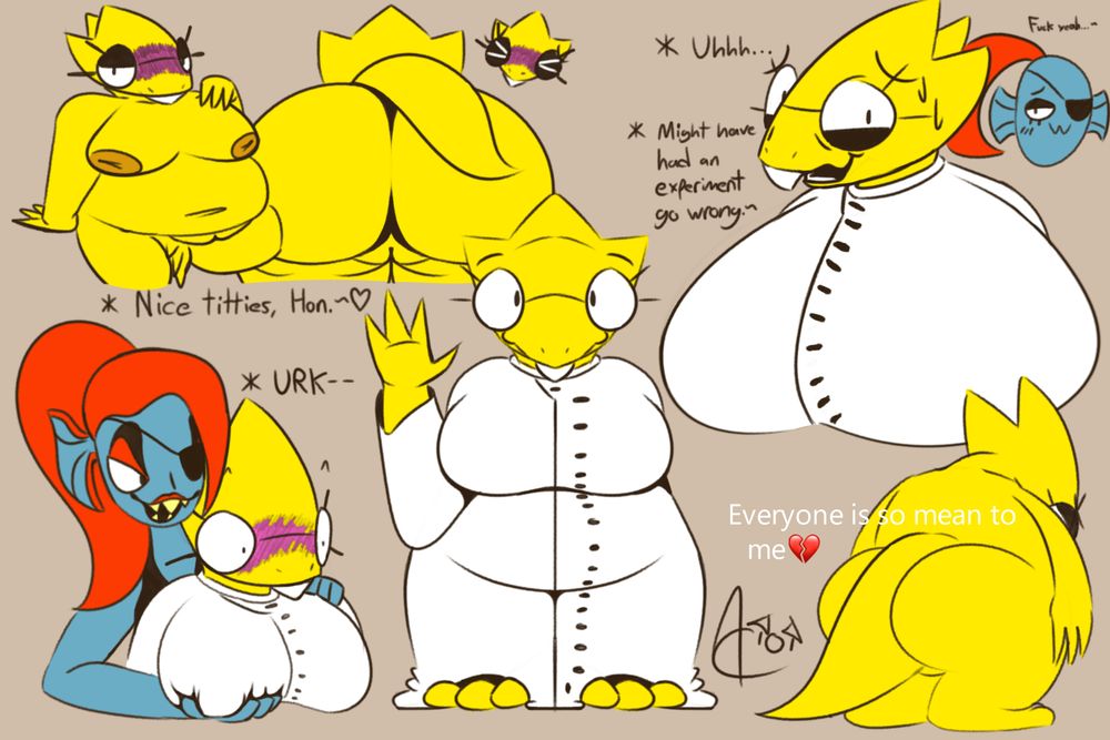 several sketch illustrations of alphys from undertale and deltarune, also including undyne
