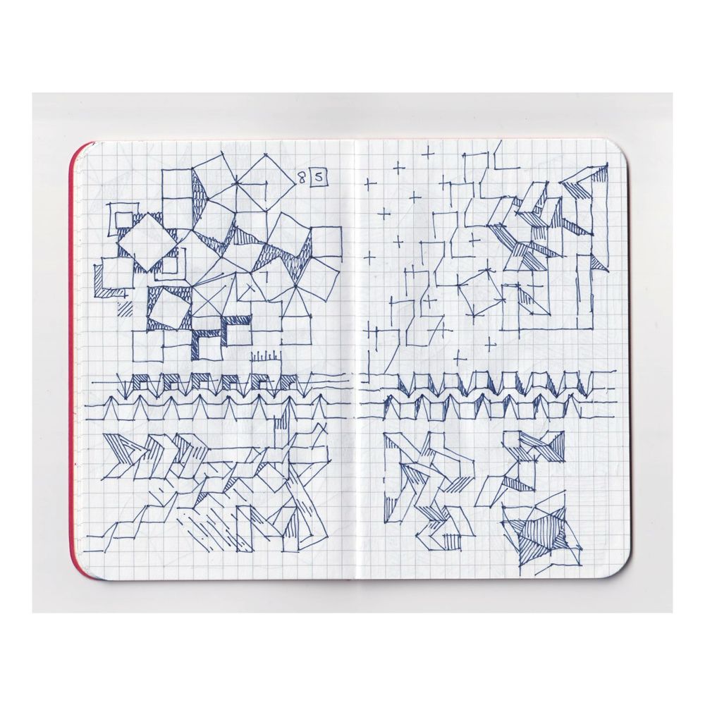 sketchbook drawing of rotated and folded geometric shapes