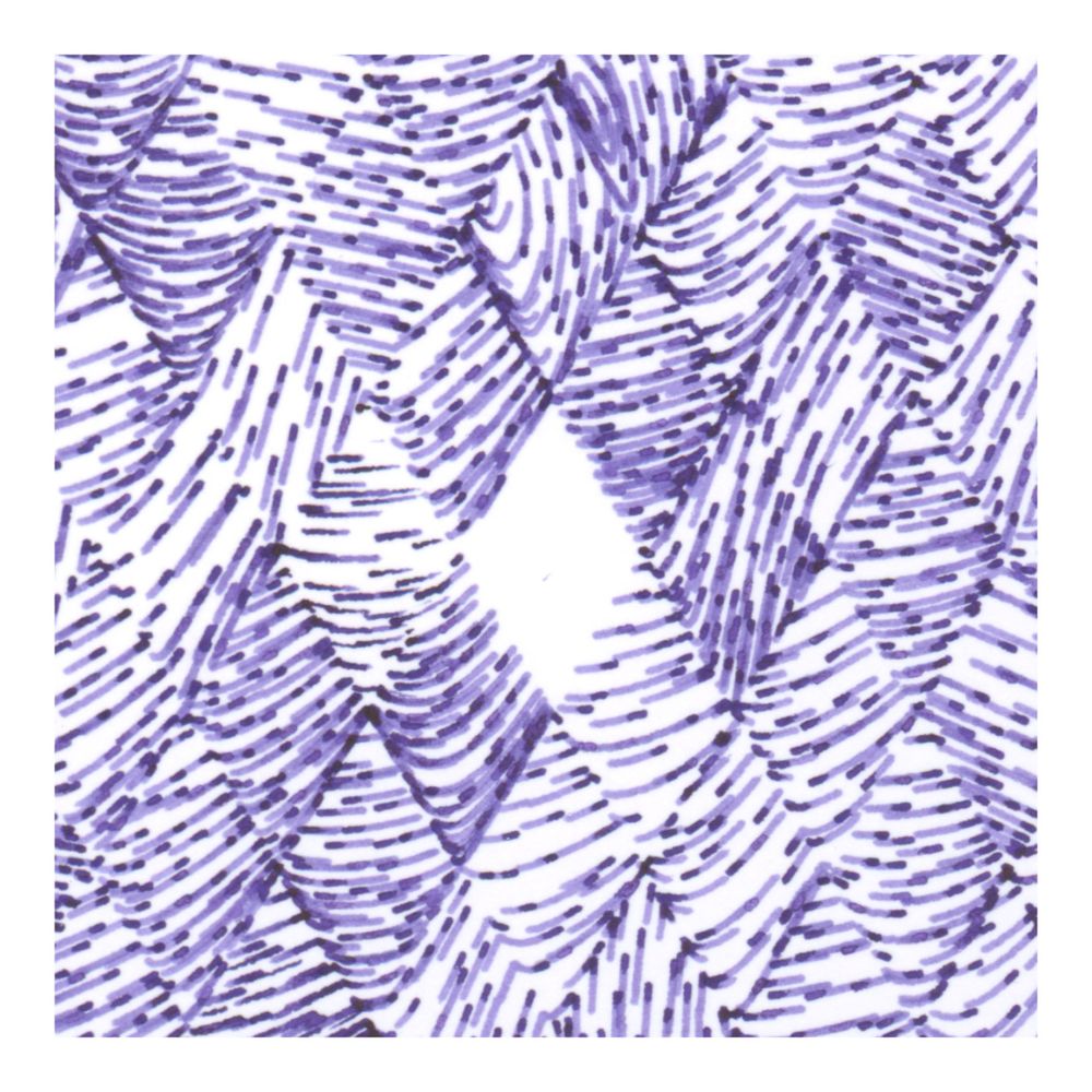 close-up detail of the same pen plotter drawing. an empty diamond shape in the center of the composition marks where the pen ran out of ink. 