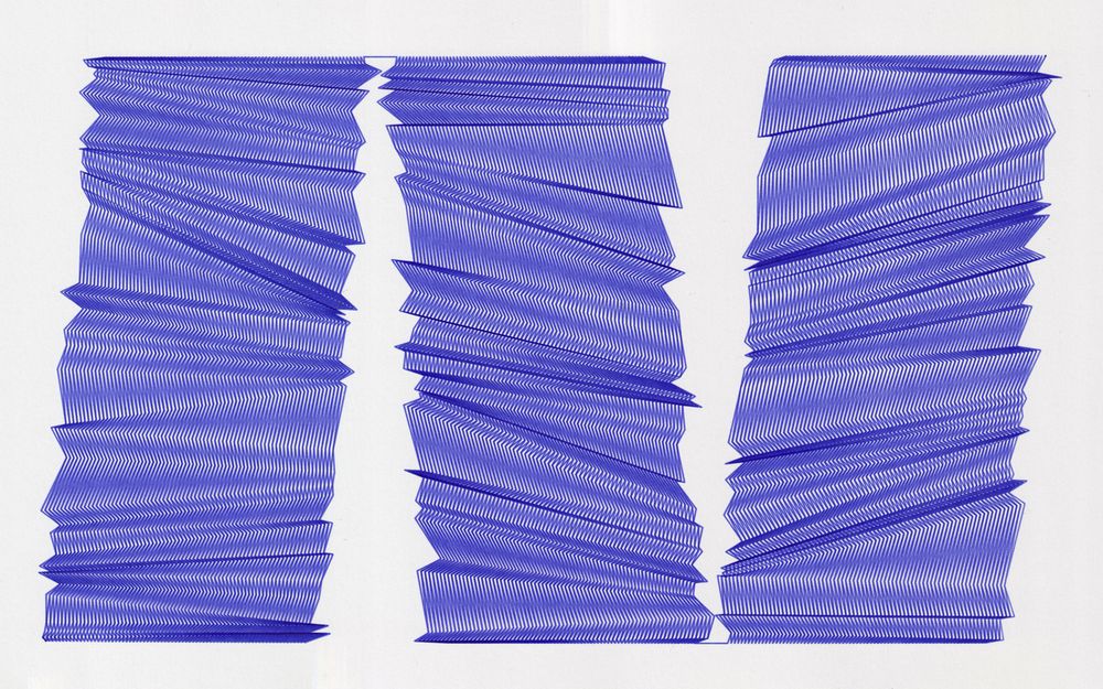 a purple ink pen plotter drawing. three blocks of dense folding triangles are tilted forward and back