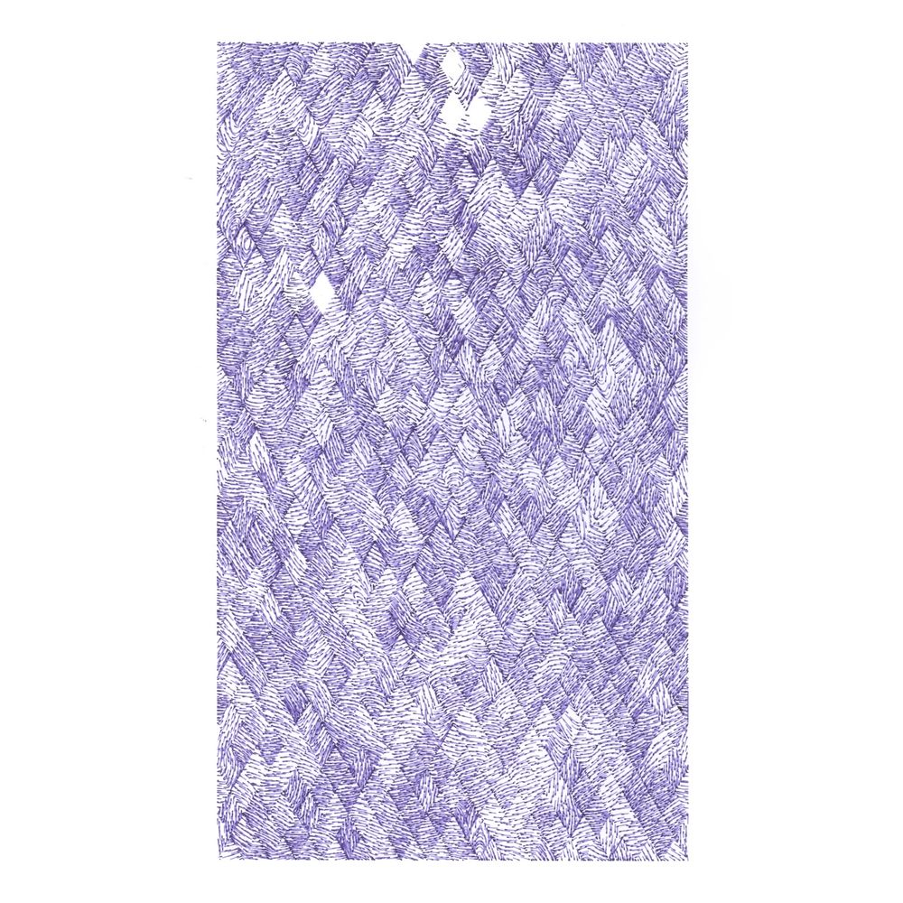 a pen plotter drawing in blue ink. a diamond grid defines the edges of groups of swirling lines.