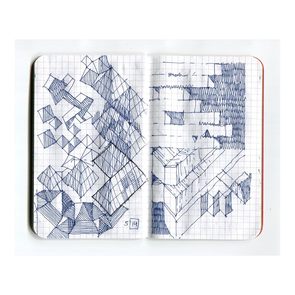 sketchbook drawings of geometrical forms in blue ink