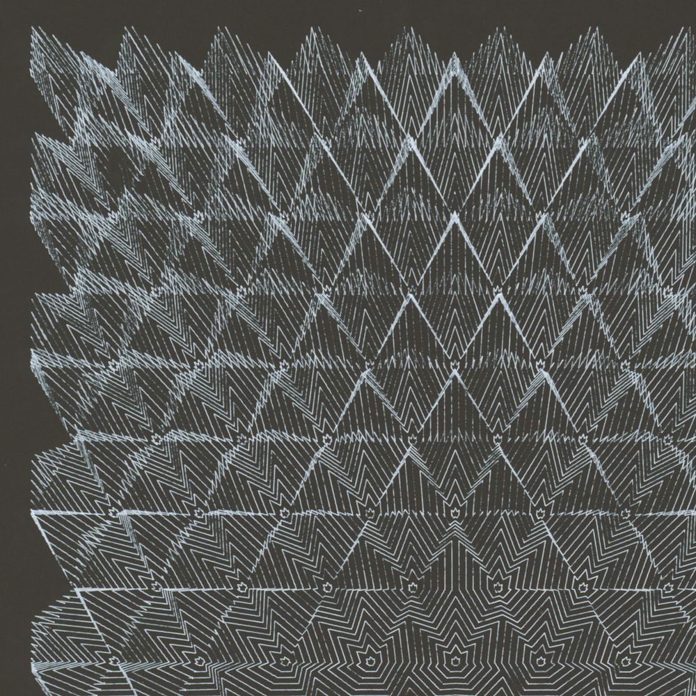 detail of a white ink pen plotter drawing on black paper. lines depict triangular-pyramidal forms on a regular grid.