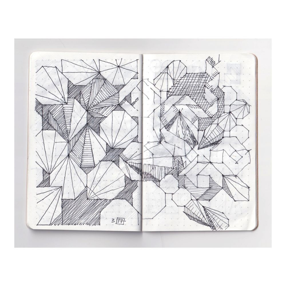 a sketchbook drawing of faceted 8-sided cone shapes