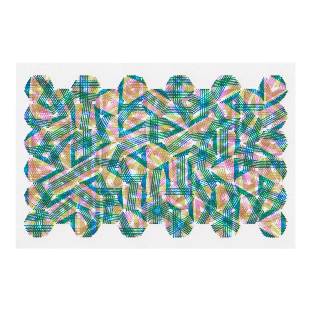a pen plotter drawing made of layers of zigzagging parallel lines within a hexagonal grid. colors are pink, light green, and purple.