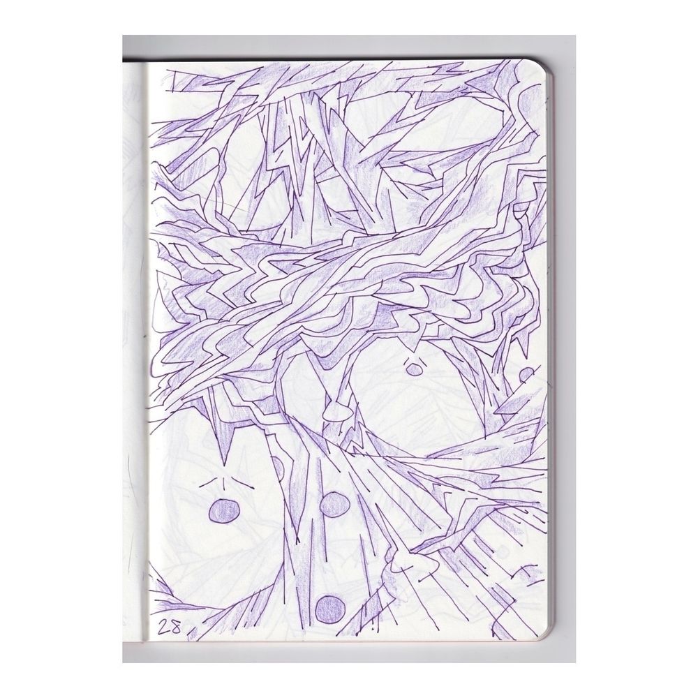 purple ink-and-pencil drawing of flowing, bridging, and dripping forms