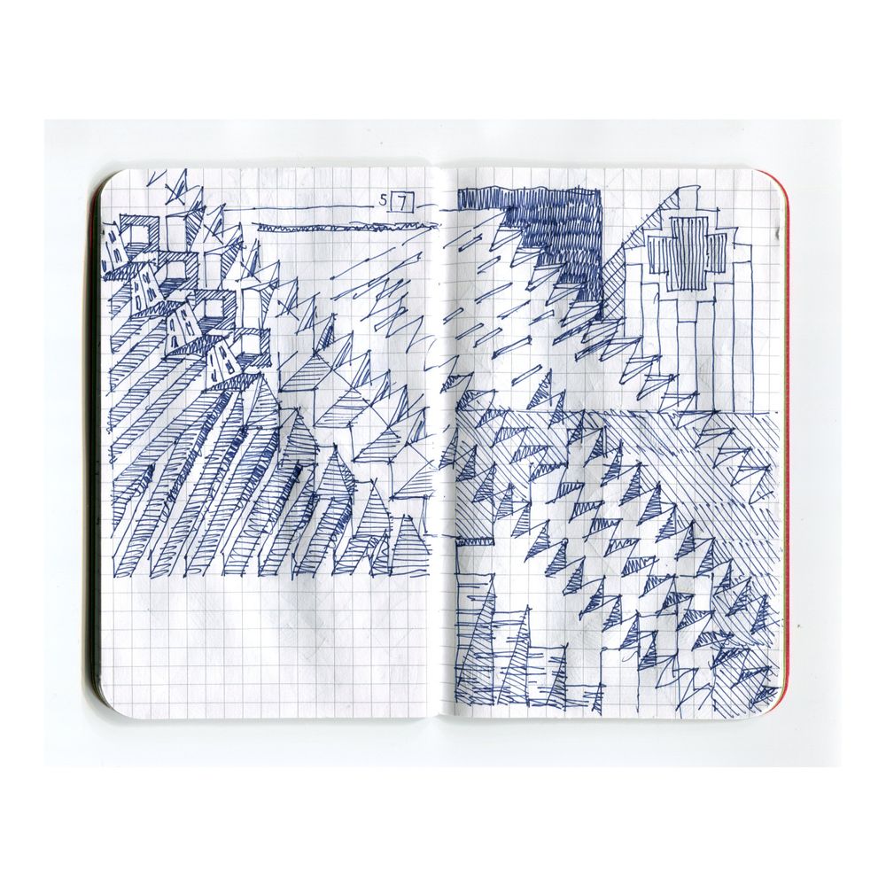 a sketchbook drawing in blue ink of zigzag architectural forms