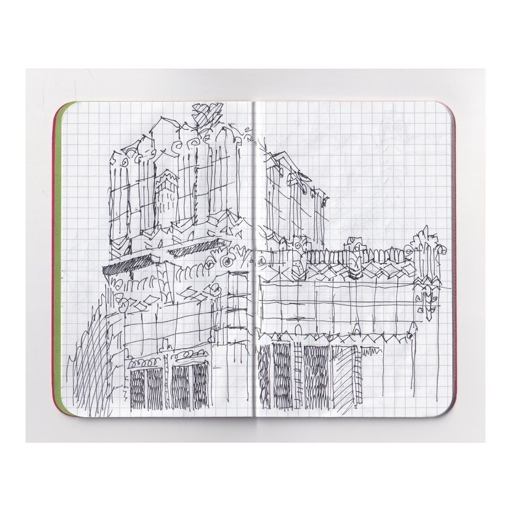 pen sketchbook drawing of an art deco building