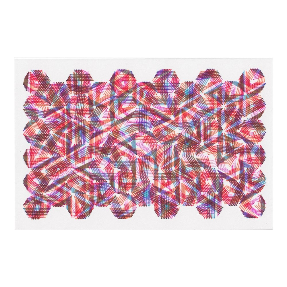 a pen plotter drawing made of layers of zigzagging parallel lines. colors are orange, blue, pink, and purple.