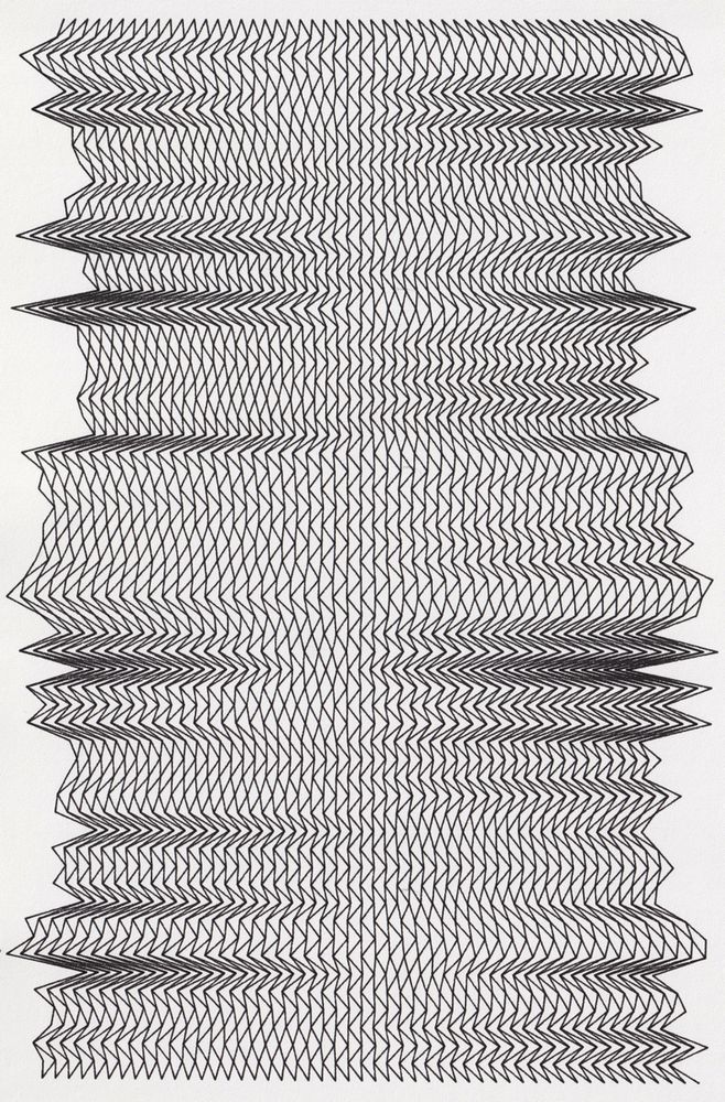 black ink drawing made by a pen plotter. stacked zigzagging lines contract and expand along the vertical axis