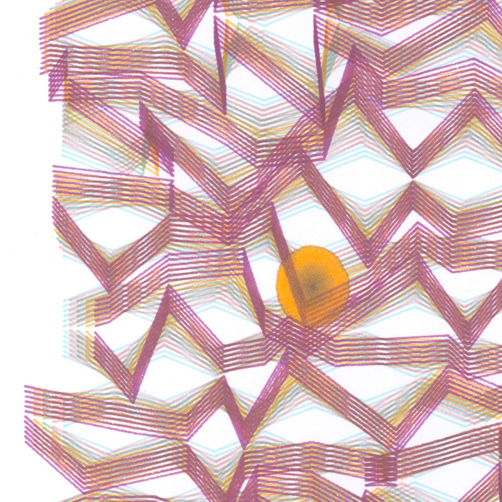 detail of a pen plotter drawing made of zigzagging parallel lines. the pen stopped mid-plot and bled a pool of ink onto the paper. colors are purple, orange, pink, and blue.
