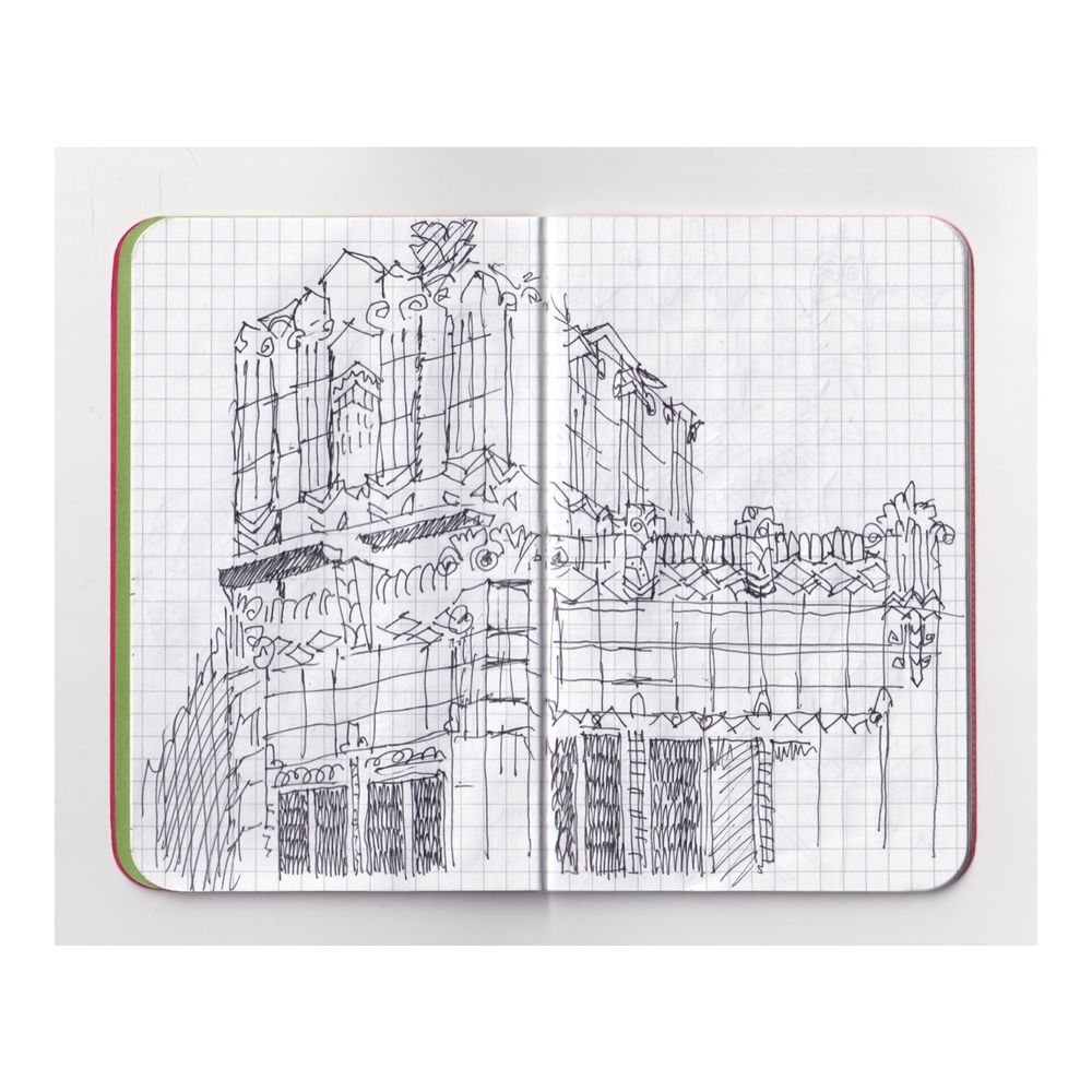 a sketchbook drawing of an art deco building in San Francisco