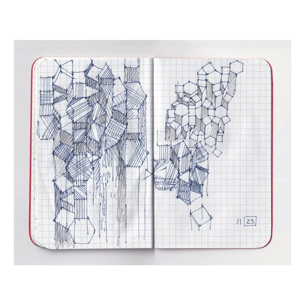 a sketchbook drawing of zigzag architectural forms in pencil and blue ink