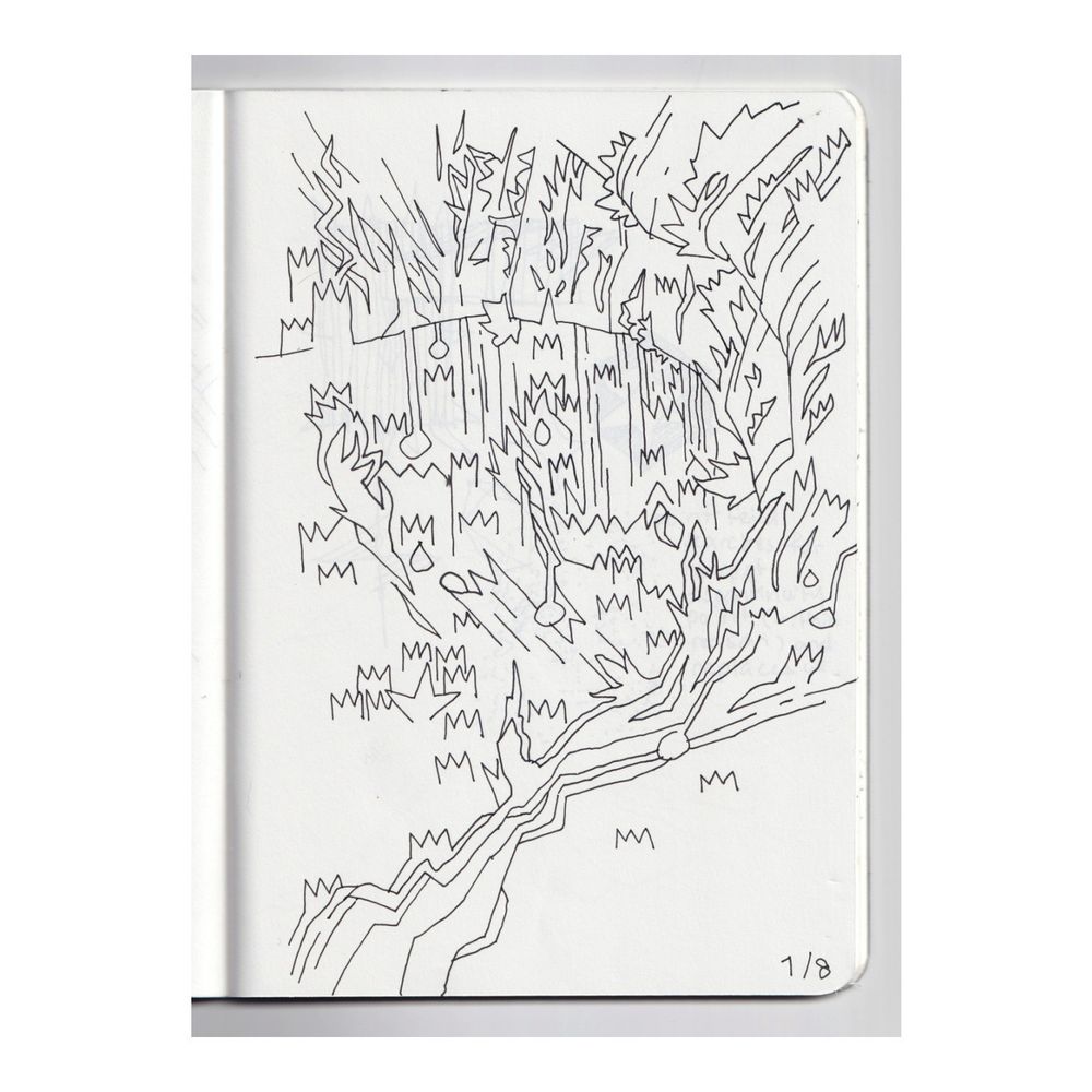 ink line drawing of forms dripping, twisting, and melting, with a zigzag line motif throughout