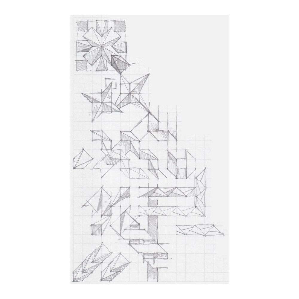 a sketchbook pencil drawing of zigzagging faceted geometrical forms