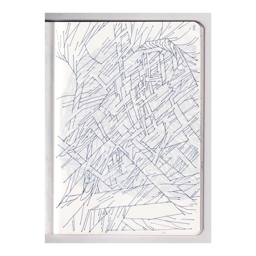 blue ink drawing of intersecting bands of flowing energy