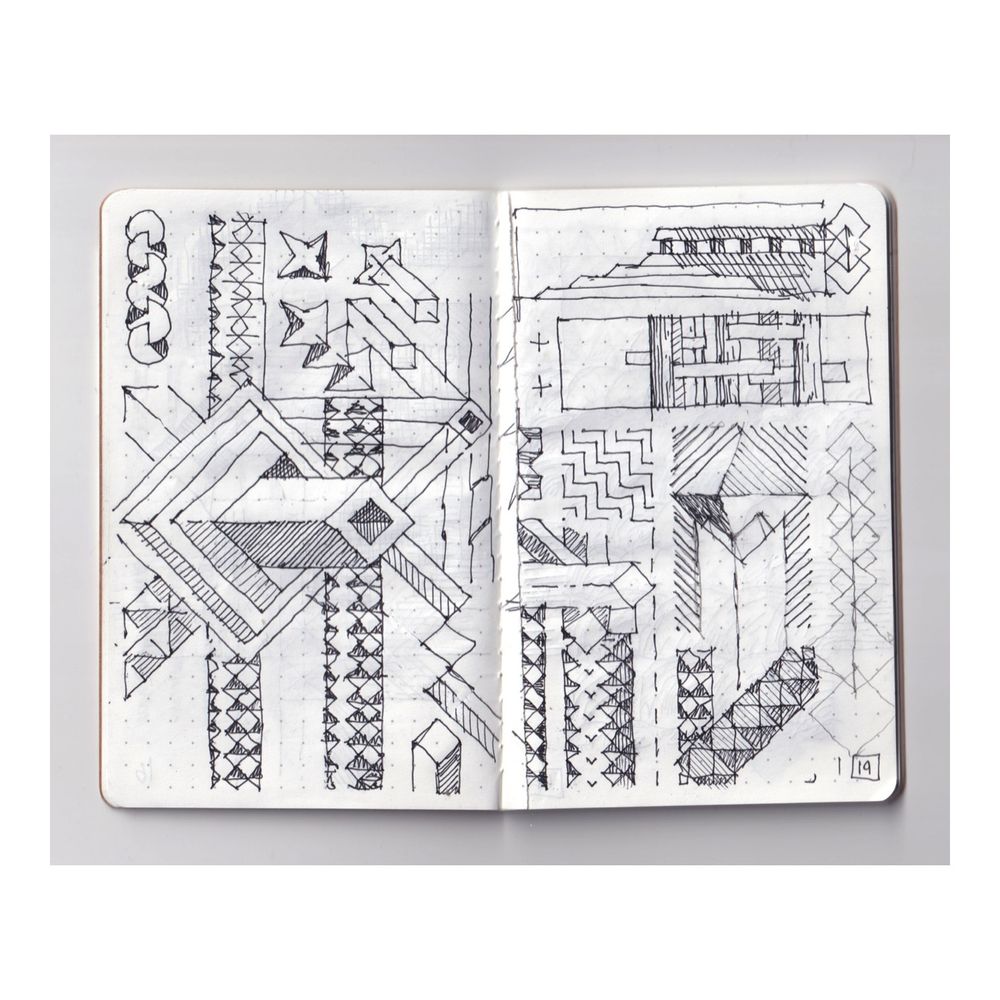 an ink grid-paper sketchbook drawing of various square-and-diamond based geometrical constructions