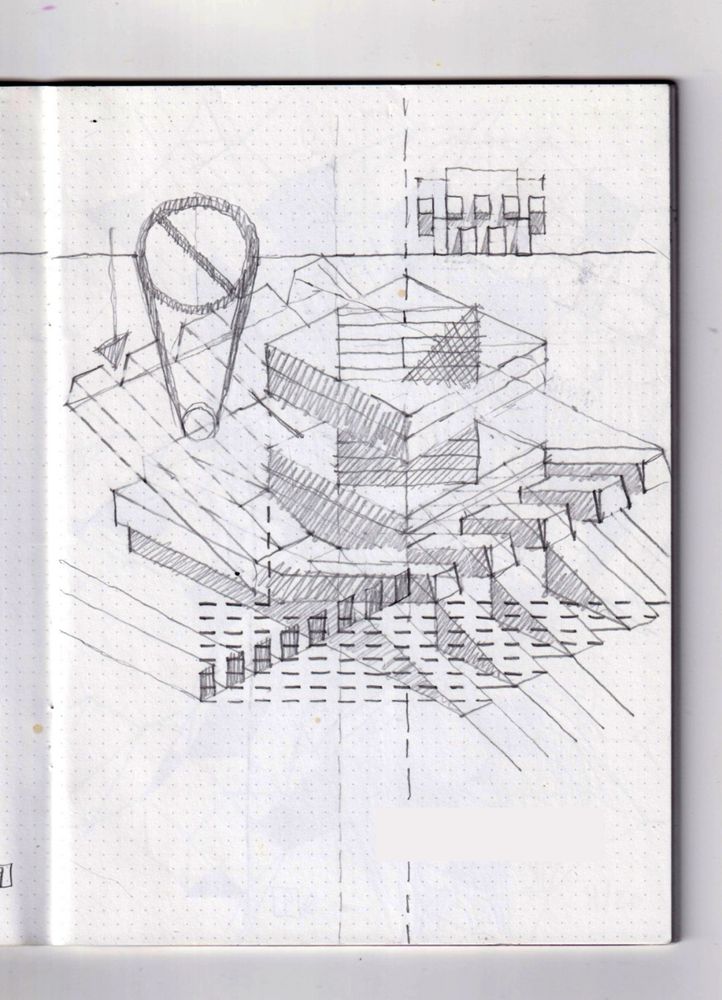 geometric pencil drawing on gridded sketchbook paper