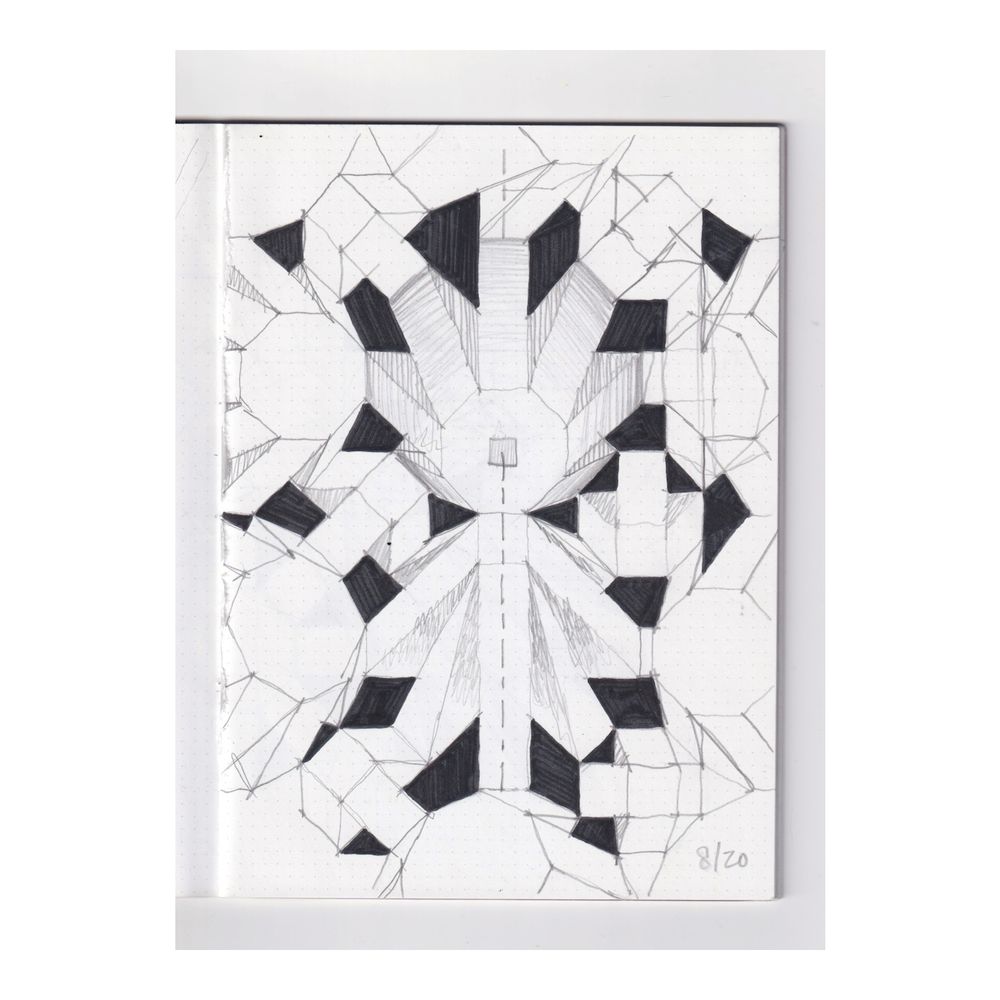 a sketchbook drawing of rotationally-symmetrical geometrical constructions