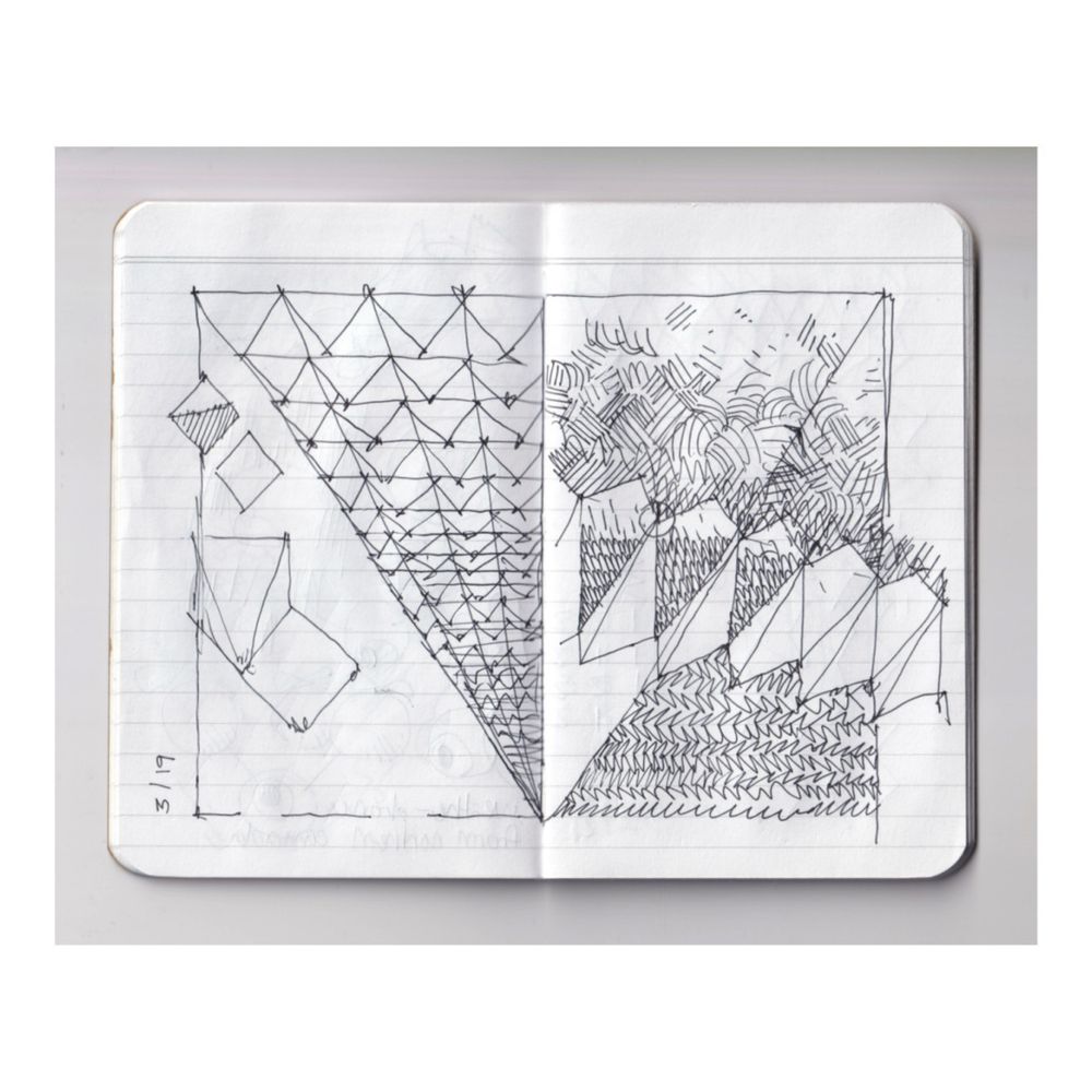 abstract pen drawing of a geometric structures in the overall shape of a triangle