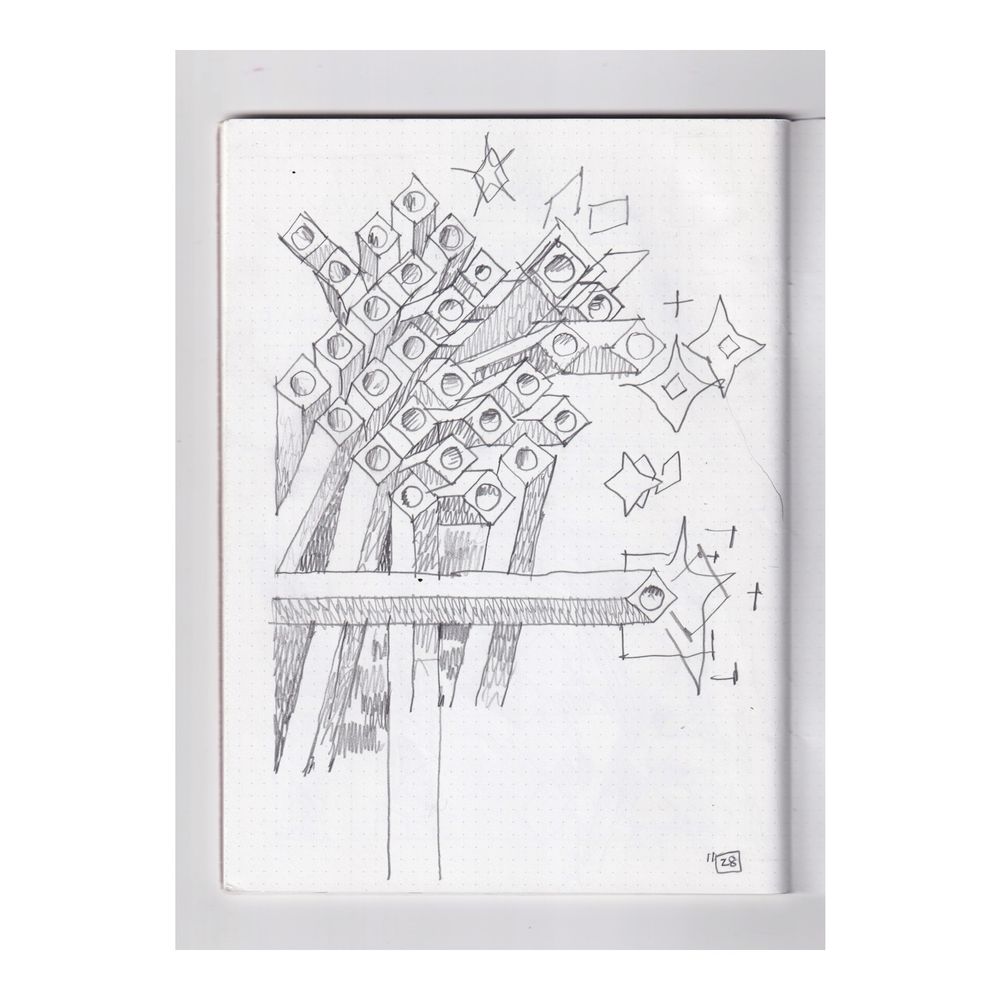 a sketchbook pencil drawing of square columns with round holes at their tops. stars and geometric flashes extend from some columns.