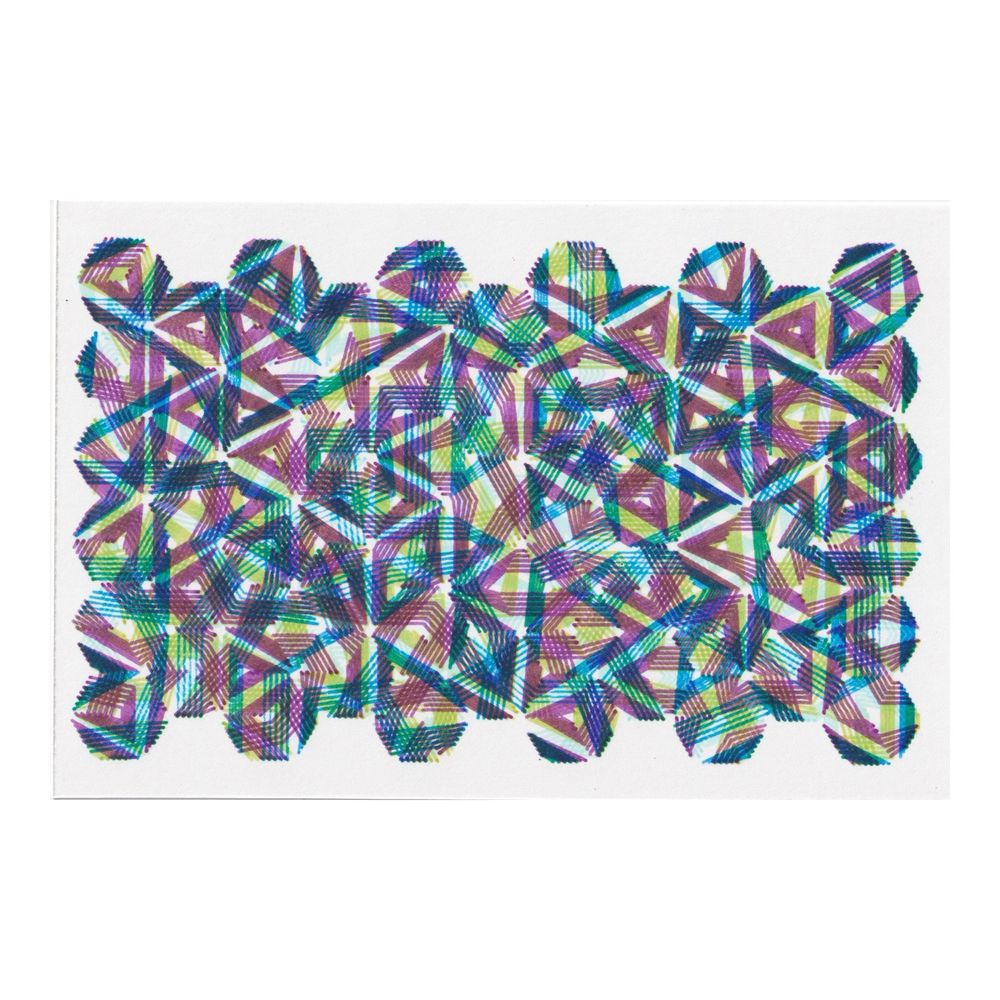 a pen plotter drawing made of layers of zigzagging parallel lines. colors are green, blue, and purple.