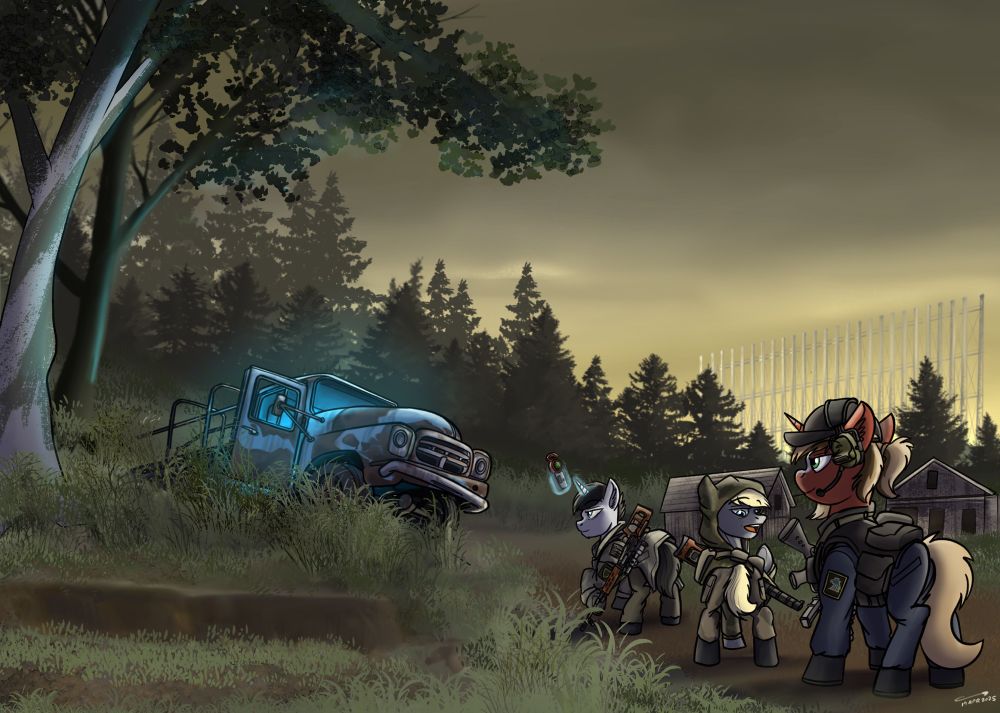 Three ponies approach an anomalous item near the Duga radar installation.