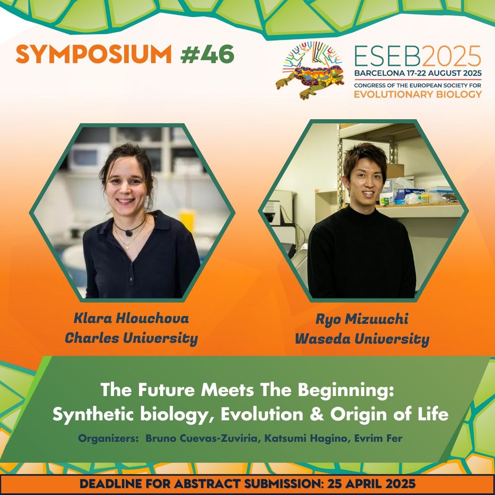 ESEB2025 "The Future Meets the Beginning: Synthetic Biology, evolution & origin of Life" symposium flyer, which features Klara Hlouchova and Ryo Mizuuchi as featured speakers, and is organized by Bruno Cuevas-Zuviría, Katsumi Hagino, and Evrim Fer. 