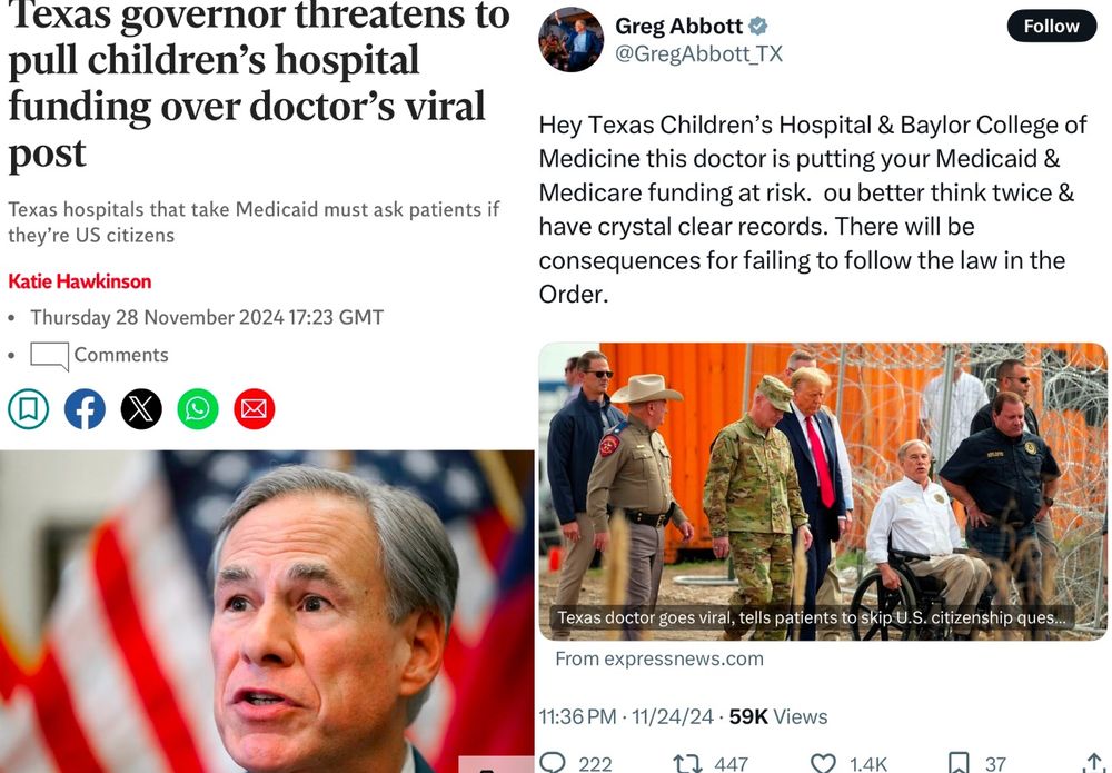PSA: When you’re threatening to pull children’s hospital funding because doctors don’t want to turn kids away over their immigration status, you might not be the good guys in the story. https://www.independent.co.uk/news/world/americas/us-politics/greg-abbott-texas-immigration-hospital-citizenship-question-b2655554.html