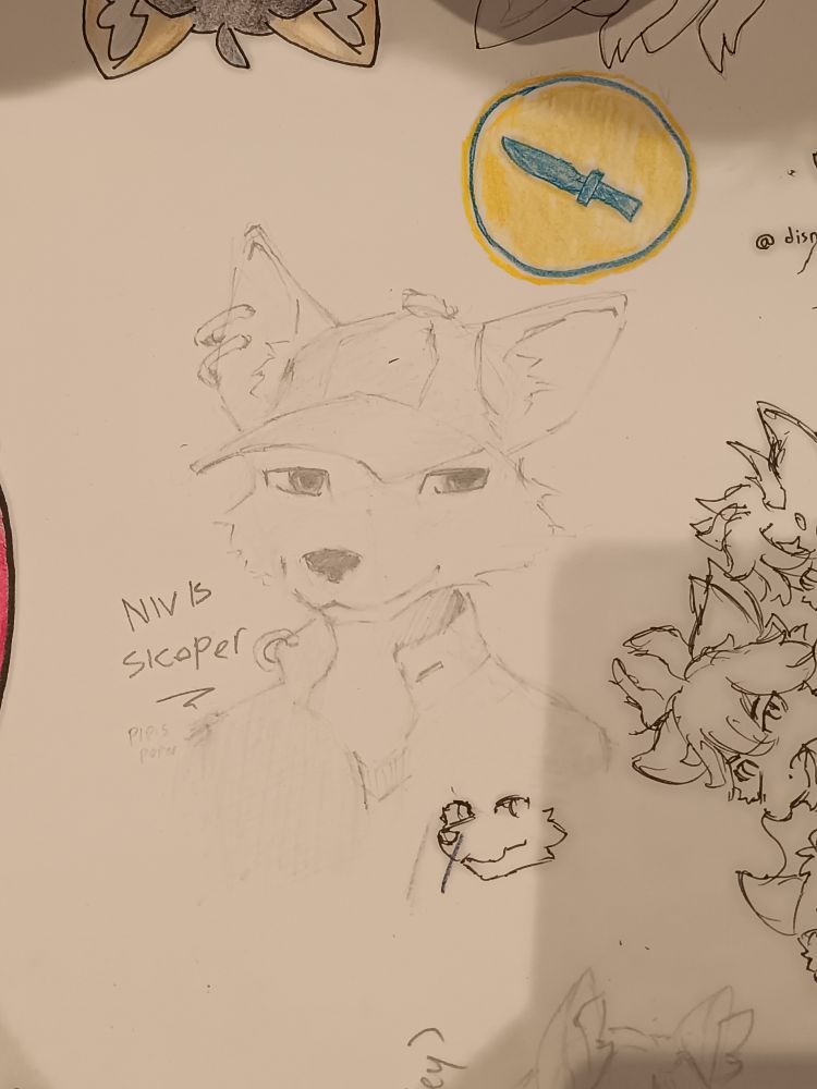 A sketch of Nivis with a hat on a convention paper alongside of other people's doodle
