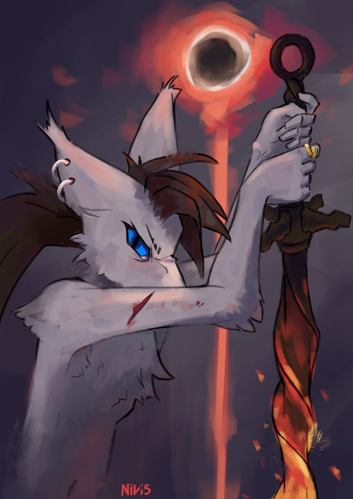 nivis, a wolf character holding a red hot coilled sword in an enviroment where an eclipse are happening.

#Furry #Furryart