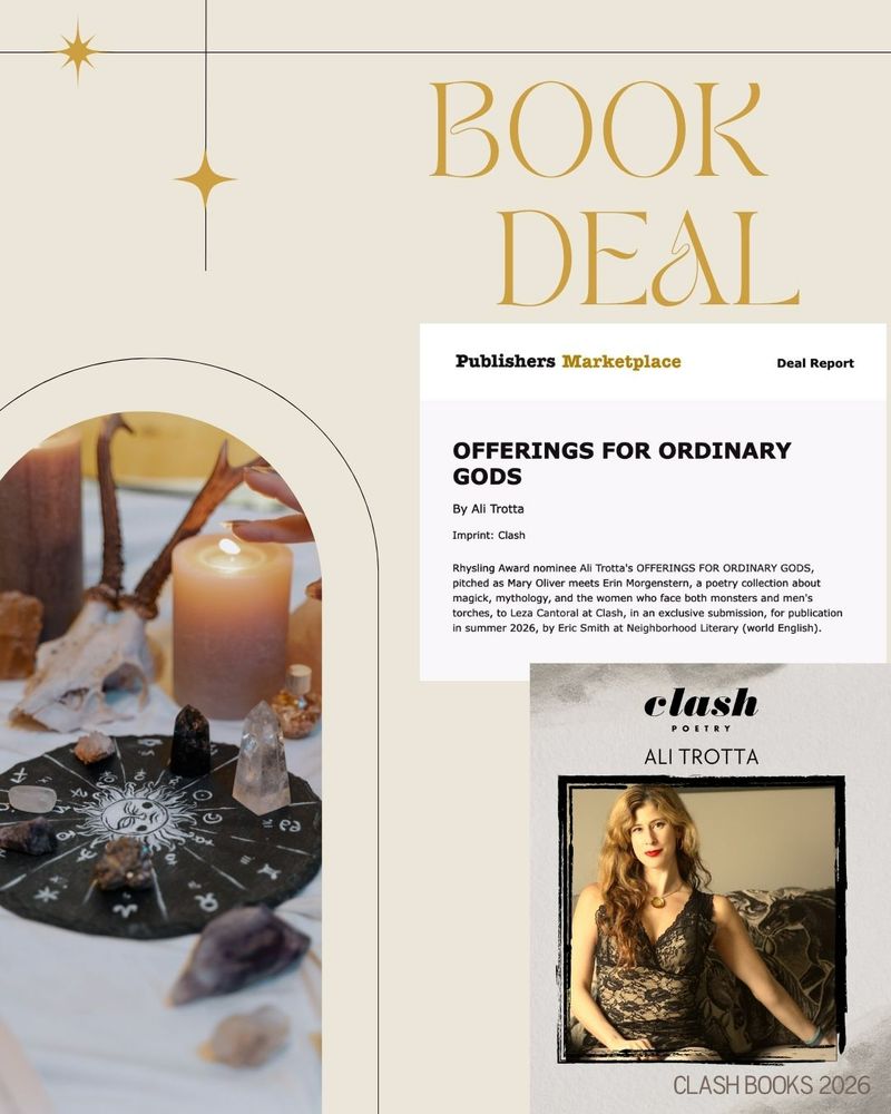 Witchy vibes publishing announcement for Offerings for Ordinary Gods, coming July 2026 from CLASH Books from meeeee!