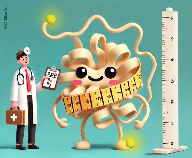 Artistic illustration of a researcher examining an intrinsically disordered protein