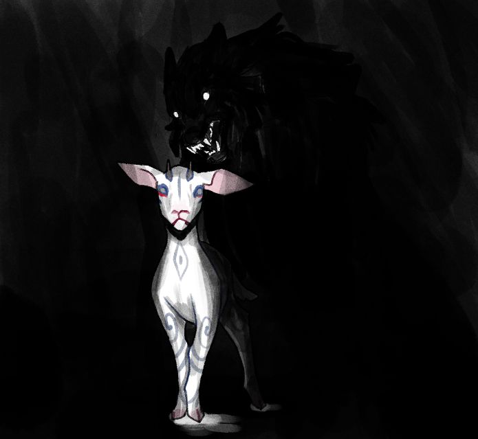 Original colors. A lamb with body paint stands in a void with light under her hooves - in the void, a wolf takes shape, ready to kill the lamb.