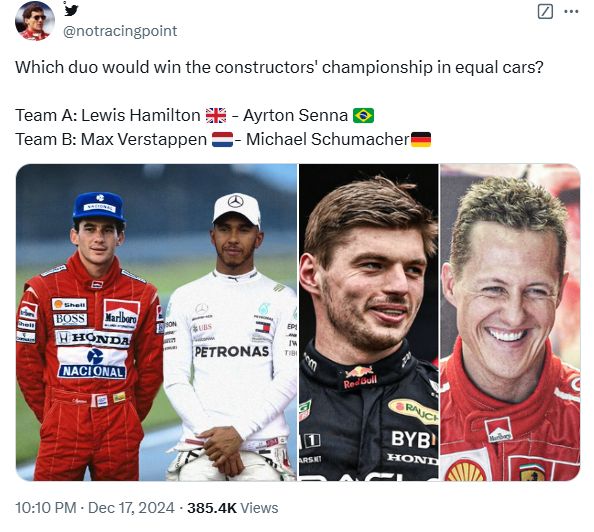 Which duo would win the constructor's championship in equal cars?
Team A: Lewis Hamilton - Ayrton Senna
Team B: Max Verstappen - Michael Schumacher

(Below are pictures of each of the mentioned drivers in their pairing)
