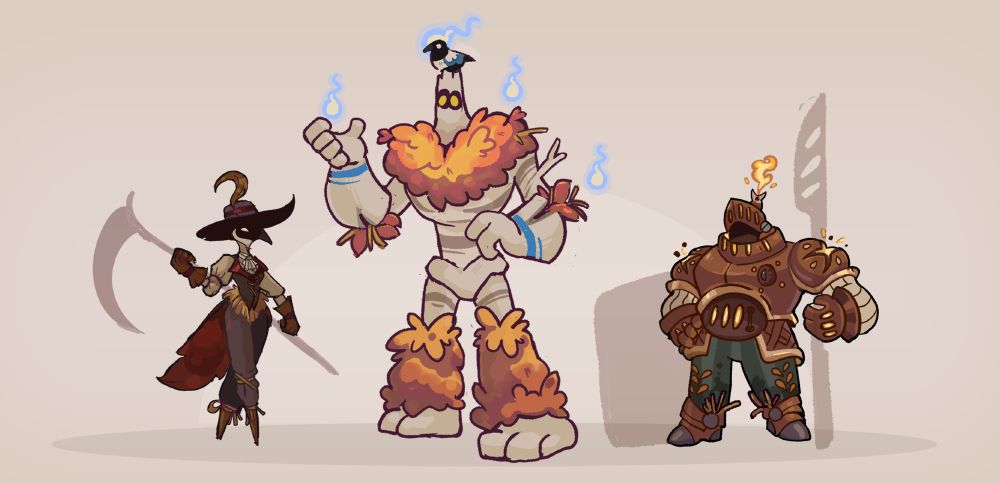 A 3 character line up: left: a scarecrow wearing a bird mask and wielding a scythe. middle: a friendly birch tree giant surrounded by blue wisps. Right: A knight in bakery themed armour  