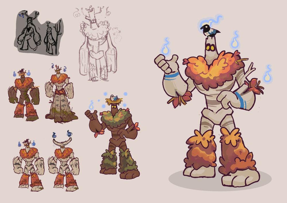Character Sheet: A friendly birch tree giant surrounded by blue wisps. 