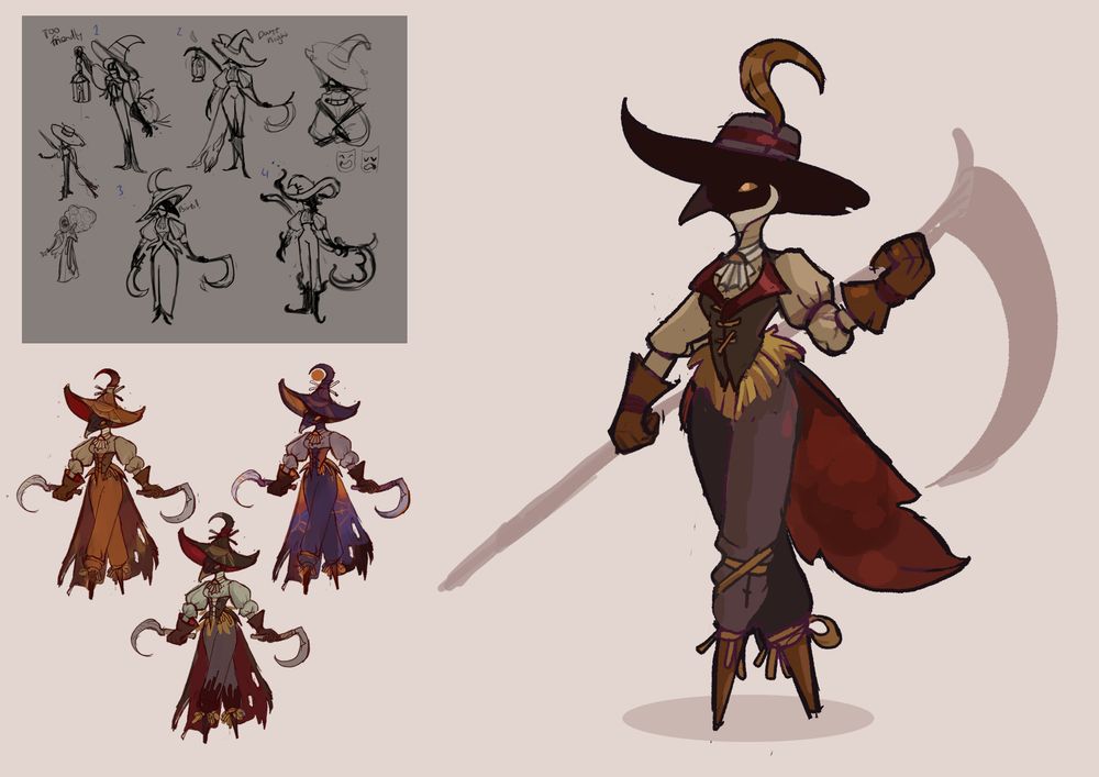Character Sheet: a scarecrow wearing a bird mask and wielding a scythe.