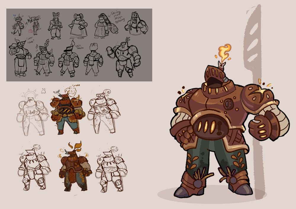 Character Sheet: A cartoon knight in bakery themed armour  