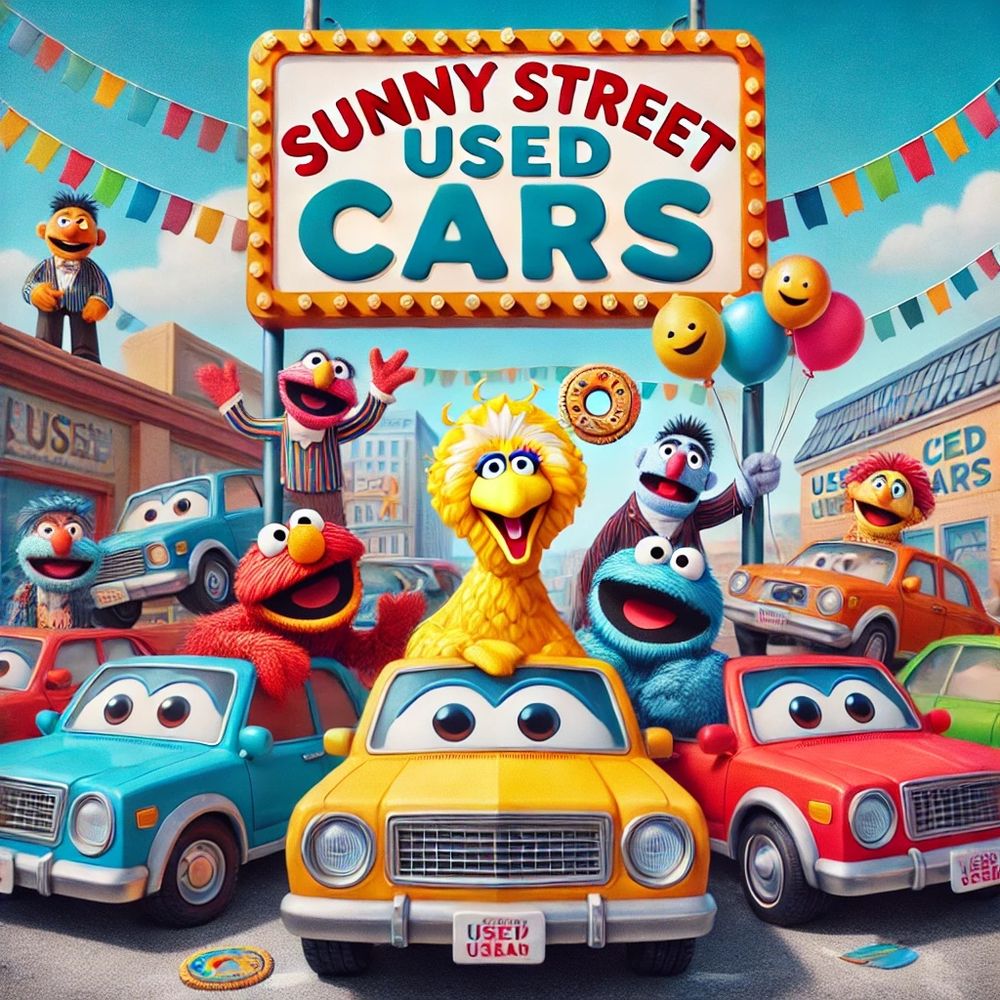 A colorful, cartoon-style used car dealership inspired by Sesame Street. The lot is decorated with bright streamers and balloons, and a cheerful sign reads “Sunny Street Used Cars.” Friendly puppet characters with big eyes and fuzzy textures are interacting with smiling cars that have animated faces. One puppet is dancing on top of a red car, while another holds balloons. The background features colorful buildings under a clear blue sky, creating a playful, family-friendly atmosphere