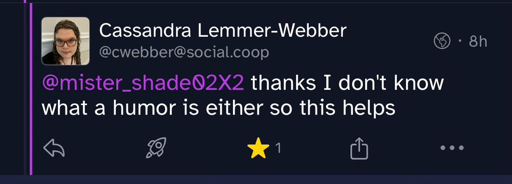 A screenshot of cwebber saying she doesn’t know what a humor is. 