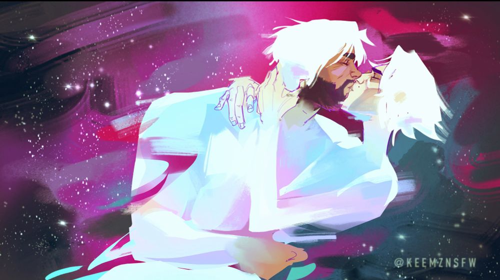 endgame jayvik inside the arcane, holding and kissing each other with the galaxy/univserse in the bg