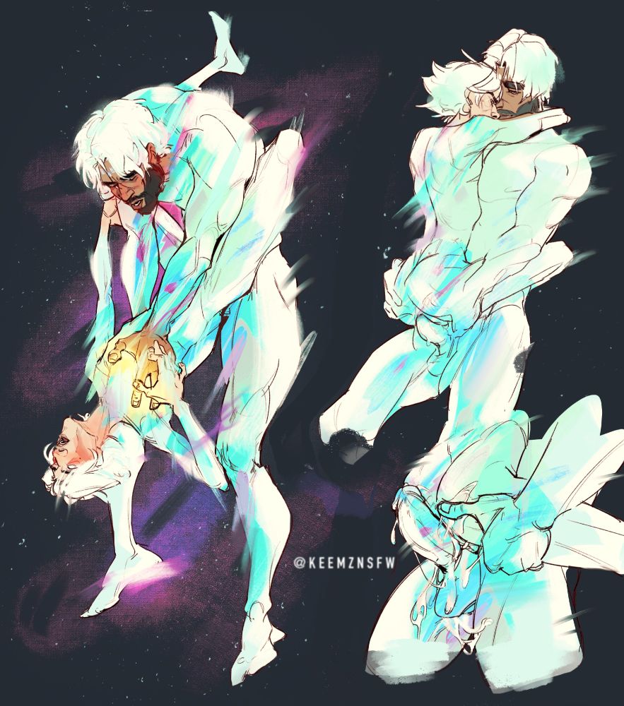 on the left, jayce holding viktor upside down, a golden hand holding viktor's chest.

top right, vik in jayce's lap, jayce's hands on his ass

bottom right, close up shot of jayce's cock and viktor's cunt leaking cum
